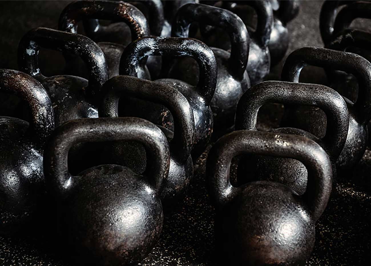 Row of kettlebells